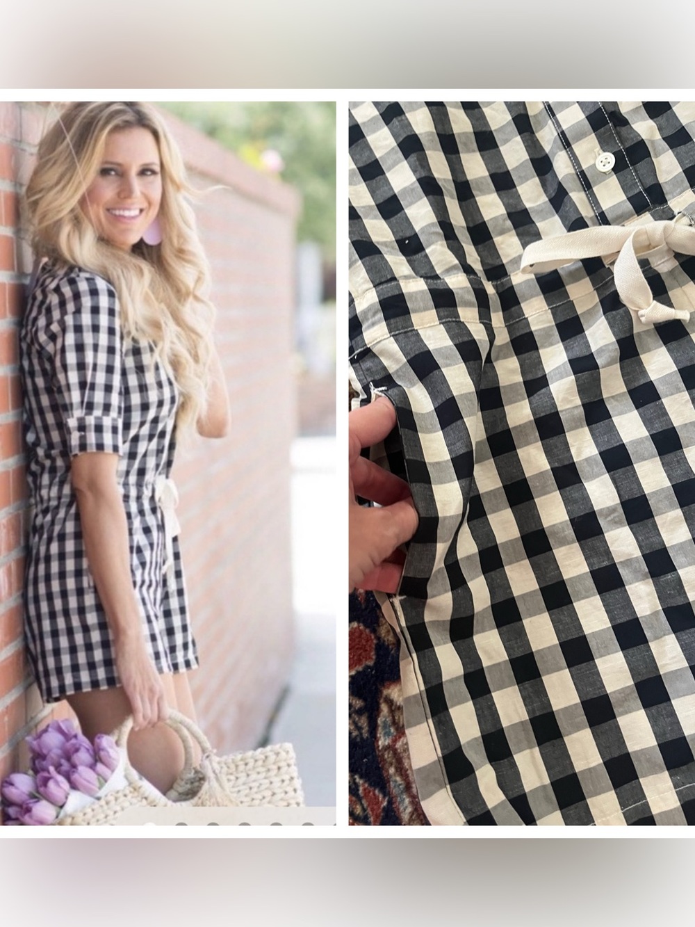 Solid + Striped gingham romper jumpsuit cotton linen black and white S